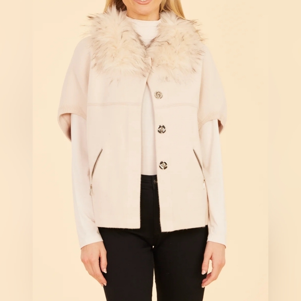 Dolce Cabo Blush Cardigan with Faux Fur Collar